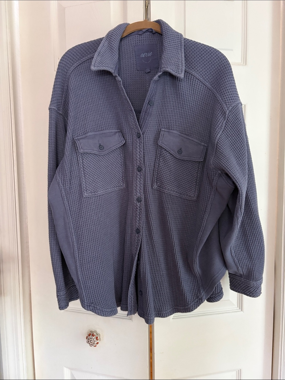 aerie Women's Button-Front Waffle Shirt Jacket in Slate Blue